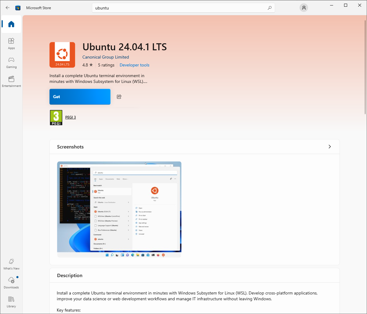 Microsoft store page for Ubuntu 24.04.1 LTS